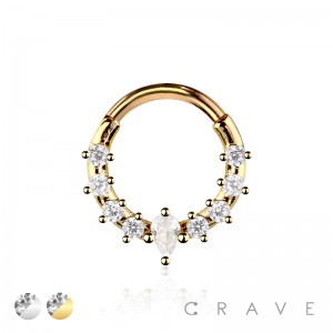 316L SURGICAL STEEL MULTI CZ LINE TEAR DROP CENTER CZ SEPTUM HINGED SEGMENT HOOP RING